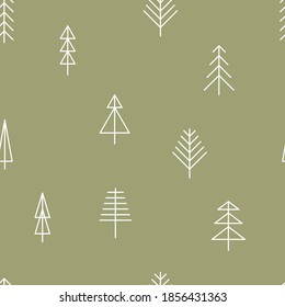 Seamless abstract pattern with unique line trees. Christmas simple background with collection of trees.