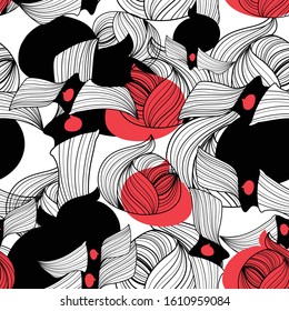 Seamless abstract pattern of unusual graphic elements on a white background