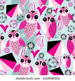 Seamless abstract pattern of unusual graphic love owls with hearts on a blue background