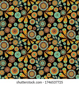 Seamless abstract pattern, vector with decorative elements of different colors and shapes on a black background. Circles with teardrop motifs with ornaments are located randomly. For textiles - Powered by Shutterstock - Get 15% off with code: PIKWIZARD15