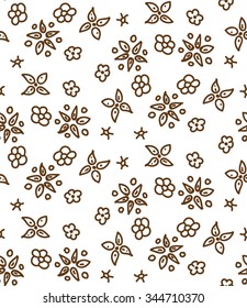 Seamless abstract pattern. Vector illustration with hand drawn doodle  brown flowers, circles, stars and dots on white background.