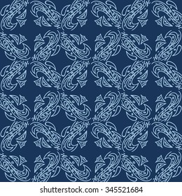 Seamless abstract pattern. Vector illustration with hand drawn doodle leaves, circles and dots arranged in a square shape on blue background. 