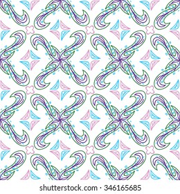 Seamless abstract pattern. Vector illustration with hand drawn doodle leaves, circles and dots of different colors arranged in a square shape on white background. 