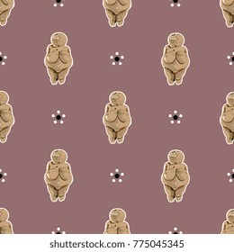 Seamless Abstract Pattern With Venus Of Willendorf Figurines And Stylized Polka Dot Daisies.