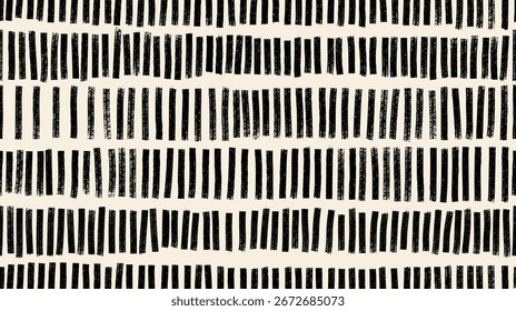 Seamless abstract pattern with vertical black strokes and lines. Hand-drawn tribal style texture resembling bamboo or woven surface. Vector geometric brush stroke background for grunge banner design.
