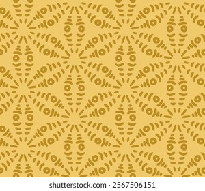 Seamless abstract pattern in warm yellow tones with symmetrical radiating shapes and intricate details. Perfect for wallpapers, textiles, and modern decor.