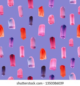 Seamless abstract pattern. Watercolor brush strokes on purple background. Fashion textile. Multicolored hand drawn stains. Trendy vector illustration.
