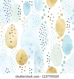 Patrón abstracto sin inconvenientes con manchas de textura acuarela, círculos dorados y puntos. Imagen creativa vectorial sobre fondo blanco.