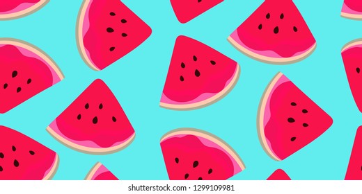 Seamless abstract pattern with watermelon slices on bright turquoise background. Vector. Minimalistic modern retro design. Fashion print Wallpaper