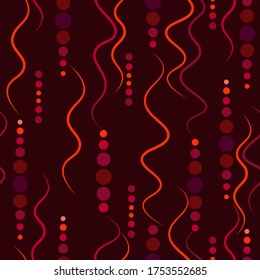 seamless abstract pattern with waves and circles in different shades of red and purple on a dark background
