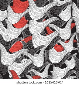 Seamless abstract pattern with waves and lines on a black background
