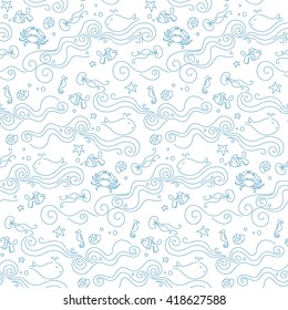 Seamless abstract pattern with waves, whale, fish, seahorse, jellyfish, crab