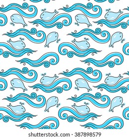 Seamless abstract pattern with waves and whales