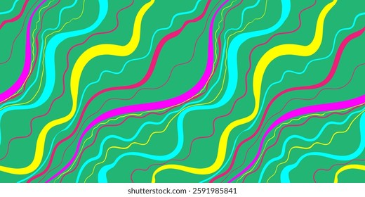 Seamless abstract pattern with wavy, fluid lines in vibrant neon colors on a green background, creating a dynamic, energetic, and modern visual effect