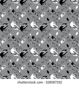 Seamless abstract pattern with white and black elements on grey background