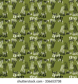 Seamless abstract pattern with white and black elements on green background