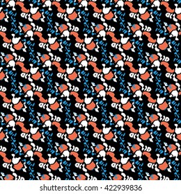 Seamless abstract pattern with white, blue and orange elements on black background