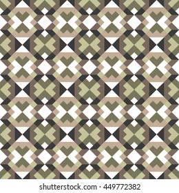 Seamless abstract pattern in white, brown and green colors for design. Vector geometric background of squares. Mosaic texture for textile, wallpaper, clown, carpeting, warp, book cover