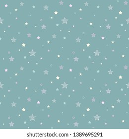 Seamless abstract pattern with white fantastic stars on powder blue background. Magic holiday vector ornament. Cosmos texture for paper, wrapping and fabric.