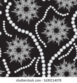 Seamless abstract pattern of white flowers and pearls on a black background .Vector graphic.