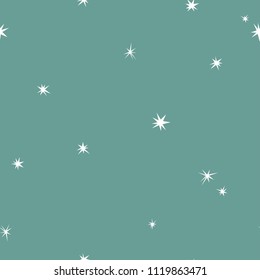 Seamless abstract pattern with white hand drawn stars of different rotation and size. Light green blue background. shabby vector illustration. Cosmos texture for paper, wrapping and fabric.