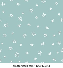 Seamless abstract pattern with white hand drawn stars of different rotation and size. Light green blue background. shabby vector illustration. Cosmos texture for paper, wrapping and fabric.
