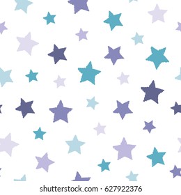 Seamless abstract pattern with white hand drawn shabby stars of different size on white background. Nice and colorful Vector illustration. Blue and purple color