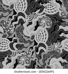 seamless abstract pattern with white outlines grey wavy elements and mesh areas