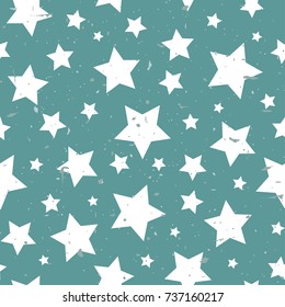 Seamless abstract pattern with white stars of different rotation and size. Grunge star turquoise background. Vector illustration. Cosmos texture with particles of debris