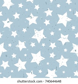 Seamless abstract pattern with white stars of different rotation and size. Grunge star powder blue background. Vector illustration. Cosmos texture with particles of debris