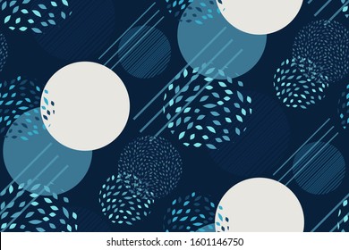 Seamless abstract pattern with white, turquoise, blue luminous textured circles on a dark background. Geometric print, magic grunge texture, Wallpaper. Vector illustration in the style of Memphis.