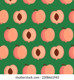 Seamless abstract pattern of whole and cut peach fruits on green background. Flat vector style. For print on textiles, fabric, wallpapers, gift wrapping, clothing and accessories
