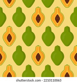 Seamless abstract pattern of whole and cut papaya on light yellow background. Flat vector style. Cartoon fruits For print on textiles, fabric, wallpapers, gift wrapping, clothing and accessories
