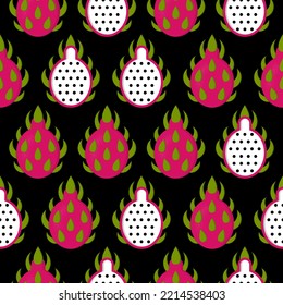 Seamless abstract pattern of whole and cut dragon fruit, pitaya, pitahaya on black background. Flat vector style. For print on textiles, fabric, wallpapers, gift wrapping, clothing and accessories