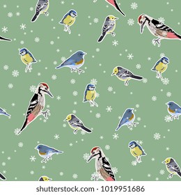 Seamless abstract pattern with wild European birds and snowflakes. Cartoon style. Cute winter motif.