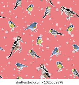 Seamless abstract pattern with wild European birds and snowflakes. Cartoon style.