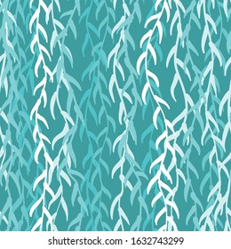 Seamless abstract pattern with willow flowers silhouettes. Leaves and branches in blue tones on a blue background.  