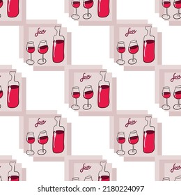 Seamless abstract pattern with wineglasses, bottle, Love lettering. Pink, black, red, beige, white. Vector. Valentine's Day. Designs for textile fabrics, wrapping paper, background, wallpaper, cover.