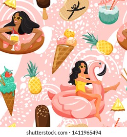 Seamless abstract pattern with woman floating on inflatable ring and summer elements. Summer rest and vacation collage. Trendy texture for textile, wrapping paper, packaging etc. Vector.