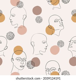 Seamless abstract pattern with women faces. Vector trendy background with female portraits. One line art.