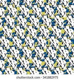 Seamless abstract pattern with yellow, blue and black elements on white background