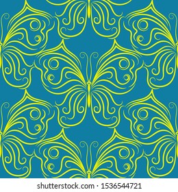 Seamless abstract pattern of yellow butterflies on a green background.