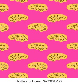 Padrão abstrato contínuo com formas de nuvem amarela no fundo rosa para tecido, papel de parede e papel de embrulho.