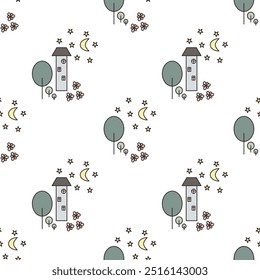Seamless abstract pattern. Yellow, green, pink, white. Vector. Moon, stars, houses, trees, flowers. Children's texture. Design for textile fabrics, wrapping paper, background, wallpaper, cover.