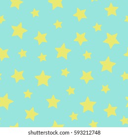 Seamless abstract pattern with yellow hand drawn shabby stars of different size. Bright turquoise background. Nice and colorful Vector illustration