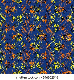 Seamless abstract pattern with yellow, orange and black elements on violet background