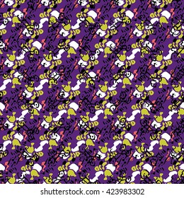 Seamless abstract pattern with yellow, pink, black and white elements on lilac background