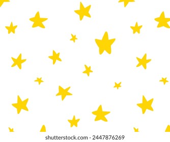 Seamless abstract pattern of yellow stars from the side. Drawn stars on a white background. Cosmos Technology for paper, packaging and fabrics.