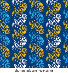 Seamless abstract pattern with yellow, white and blue elements on violet background