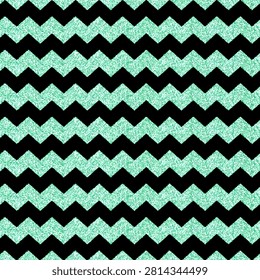 Seamless abstract pattern with zigzag lines of mint color with glitter effect on black background. eps 10